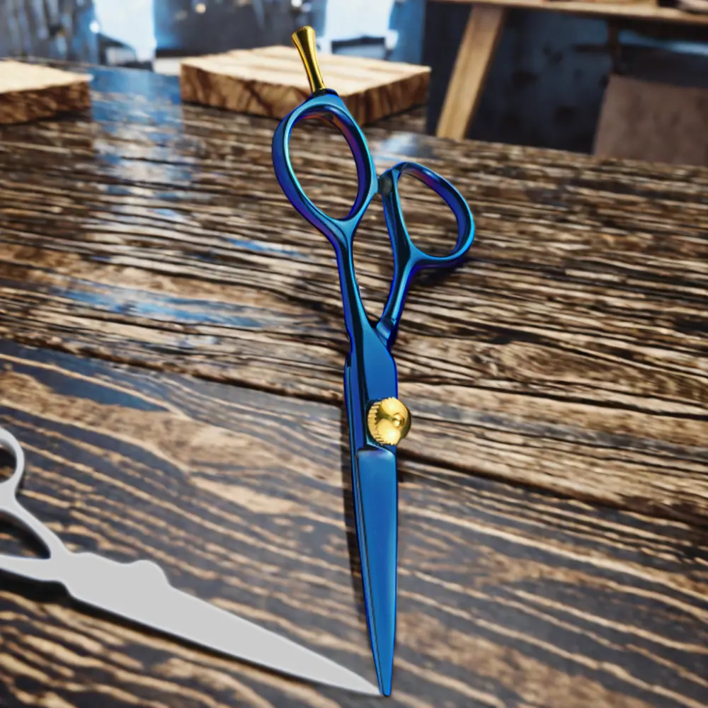 5-Inch elegan gunting pemotong rambut lurus pegangan Offset Biru gunting tukang cukur baja tahan karat tipe 440C/VG10 salon kecantikan