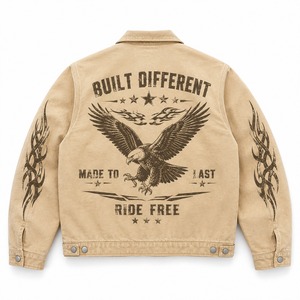 Veste en jean kaki vintage personnalisée avec imprimé graphique d'aigle, doublure matelassée, col rabattable, fermeture éclair, veste de travail unisexe pour un confort optimal - Product Image 2