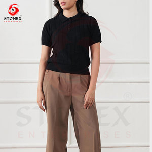 Polo de punto negro de manga corta con cuello acanalado para mujer |   Diseño Elegante con Diferentes Colores 2026. - Product Image 3