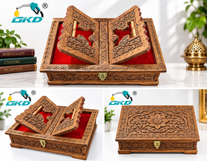Boîte à Coran en bois faite à la main GKD, écologique, design islamique, avec doublure rouge, étui de rangement traditionnel rectangulaire pour table, maison, retraite - Product Image 5