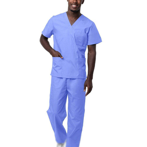 Men's Blue Scrub Set Polyester Rayon Spandex Woven Hospital Uniform V-Neck <b>Top</b> Pants Seamless Fusing Needle Detection - Product Image 1