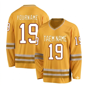 Camiseta de Hockey sobre Hielo Amarilla para Hombre, 100% Poliéster, Tejido de Malla de Secado Rápido, Mangas Largas, Cuello en V, Personalizable con Nombre del Equipo, Logotipo y Posiciones - Product Image 1