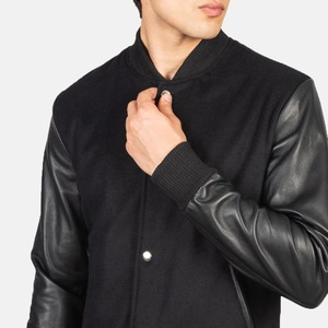 <b>Men's</b> Black PU <b>Leather</b> Varsity <b>Jacket</b> Turn-down Collar Regular Fit Casual Autumn Wear Button Closure Solid Color - Product Image 3