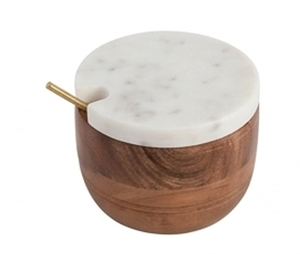Round Wooden Salt And Sugar With Marble Lid And Brass Spoon Herb & Spice Tool Durable Finish For Elegant Restaurant <b>Dining</b> - Product Image 1