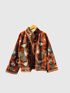 Veste en velours brodée de fleurs orange, col mandarin, manches longues, grande taille, vêtements d'automne pour femmes - Product Image 1