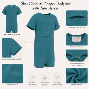 Combinaison popper vert turquoise profond |   Vêtements sensoriels spéciaux pour enfants, vêtements inclusifs, ouverture tubulaire, manches courtes, respirant, doux, unisexe - Product Image 3
