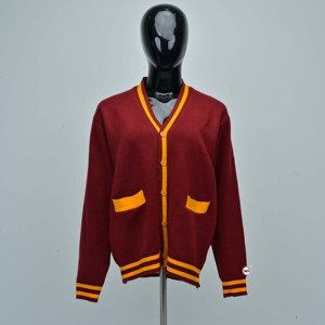 Cardigan en tricot pour femme, col en V, couleur bordeaux, avec bordure jaune, boutonné, manches longues, pour l'automne, prix de gros abordable - Product Image 1