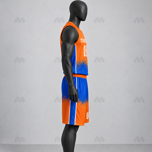 Ensemble de maillots de basket-ball athlétiques personnalisés en polyester 100% sublimé, dégradé orange et bleu, col en V, sans manches, évacuation de l'humidité, élastique - Product Image 3