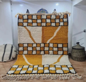 Alfombra Marroquí Anudada a Mano de Lana Blanca y Amarilla con Flecos, Geométrica, Antideslizante, Ecológica, para Sala de Estar, Niños, Oficina, Hotel - Product Image 4