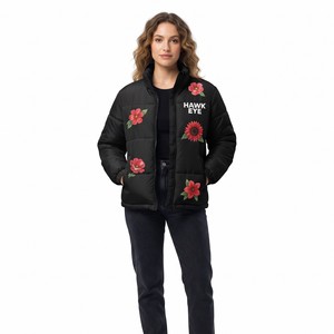 Trendy Black Floral Print Stand Collar Full Zip Insulated <b>Cropped</b> <b>Puffer</b> <b>Jacket</b> Winter Outerwear Coat OEM Manufacture - Product Image 5