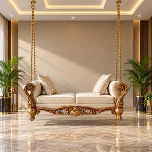 Banc suspendu Jhula artisanal en bois au design traditionnel, avec dossier sculpté orné, suspension à chaîne en laiton et assise rembourrée pour balcon - Product Image 2