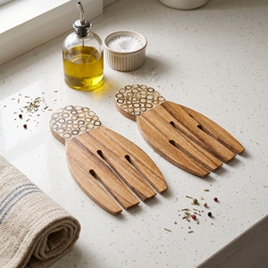Utensilios de Cocina de Madera de Suar de Grado Alimenticio, Forma de Mano con Incrustaciones de Bambú Blanco, Color Marrón Claro, Elegantes y de Primera Calidad - Product Image 2