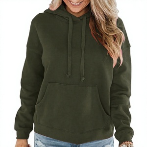 Sudadera con Capucha Verde Oliva para Mujer, Color Sólido, Informal, Manga Larga, con Bolsillo Delantero, Sudadera de Algodón Tejido para Otoño - Product Image 5