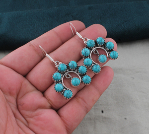 925 <b>Sterling</b> <b>Silver</b> Blue Turquoise Gemstone Vintage Water Drop Shape Bezel Setting Handmade Twisted <b>Wire</b> Beaded Dangle Earrings - Product Image 1