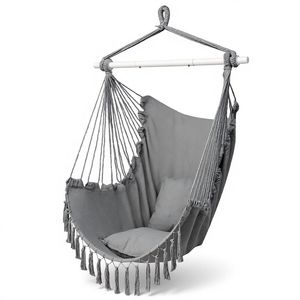 Chaise suspendue avec coussin et pompons gris clair - Product Image 1