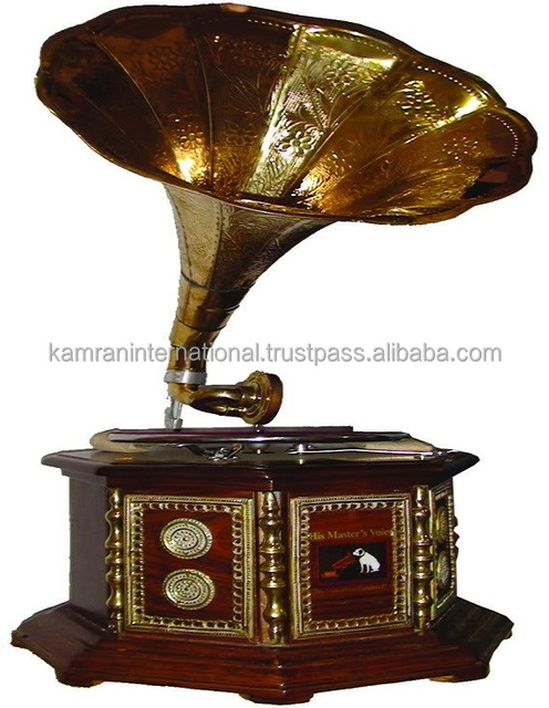 KAMRAN Wooden Antique Style Brass Inlay Hand Cranked Gramophone with Embossed Brass Horn Customized Music 60s Sound Duration