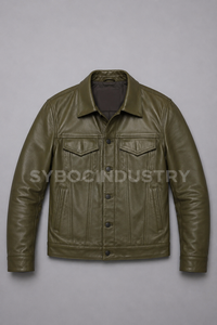 Veste en cuir d'agneau pour homme, style trucker, noir, marron et olive, avec devant à boutons-pression, poches poitrine à rabat, détail plissé. - Product Image 6