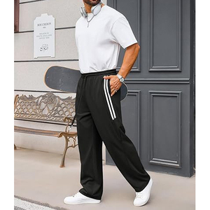 Men's Black Sweatpants With White Side Stripes <b>Elastic</b> Waist Drawstring Casual Jogging Pants Breathable Knitted Fabric - Product Image 2