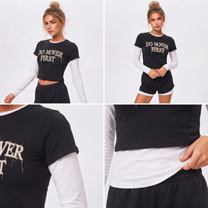 Women's Double Layer Long Sleeve <b>Crop</b> <b>Top</b> Crew Neck Double Layered Sleeve Ladies Slim Fit Double Layer Cotton T Shirt Cropped - Product Image 5
