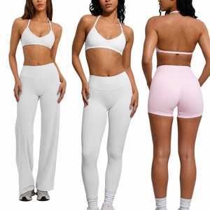 Conjunto de Yoga de 2 Piezas para Mujer, Sin Costuras, de Spandex, Sujetador Deportivo Halter, Leggings de Cintura Alta, Elásticos, para Gimnasio, Fitness, Ejercicio, Ropa Deportiva - Product Image 1