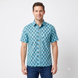 เสื้อเชิ้ตแขนสั้นพิมพ์ลายลำลองสำหรับผู้ชาย สีฟ้าอมเขียว ปกคอพับ ผ้าฝ้าย 100% ระบายอากาศได้ดี เหมาะสำหรับฤดูร้อน - Product Image 1