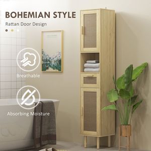 Mobile da bagno alto in rovere con ripiani regolabili e porte in Rattan mobili di stoccaggio indipendenti - Product Image 4