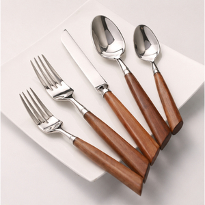Ensemble de couverts en acier inoxydable avec manche en bois naturel, couverts modernes écologiques pour la maison, les restaurants et les mariages - Product Image 1