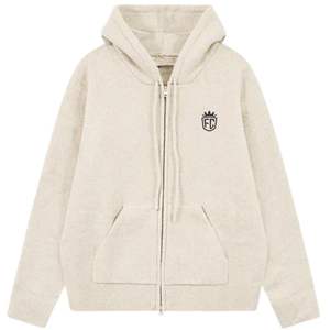 Sweat à capuche zippé en tricot beige avec emblème – Confortable et élégant pour hommes et femmes, idéal pour les tenues décontractées et quotidiennes - Product Image 1