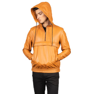Men's Tan Genuine Leather Hooded Quarter-Zip Jacket Casual Slim Fit Autumn Wear - Product Image 4