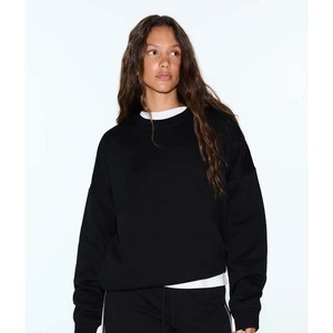 Sweat-shirt noir à col rond pour femme, manches longues, en coton tricoté, couleur unie, coupe oversize, pour l'automne - Product Image 2