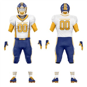 Ensemble d'uniformes de football américain personnalisés, casque, chaussettes, gants, maillot sublimé blanc, bleu, or, vêtements de sport d'été pour hommes, coupe courte - Product Image 5