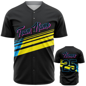 Camiseta Deportiva Transpirable para Hombre, Personalizada, Negra, con Botones, Estilo Béisbol, con Franjas Amarillas y Azules, Uniforme de Equipo de Softbol - Product Image 1