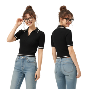 เสื้อโปโลผู้หญิงแขนสั้นผ้าถักริบบ์ แต่งขอบตัดสี ทรงเข้ารูปสวมใส่สบาย ขายส่ง รับผลิตแบรนด์ตามสั่ง - Product Image 1