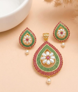 RAY FINE ORNATES IGI Certified Princess Cut Victorian <b>Ruby</b> Emerald Pearl Pendant Set 22K Gold Plated Bridal <b>Necklace</b> Earrings - Product Image 1