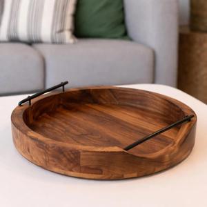 Bandeja Redonda Moderna de Nogal para Servir con Asas de Metal Negro, Decoración Minimalista para Mesa, Bandeja Redonda de Lujo para Mesa de Centro, Madera Maciza - Product Image 5