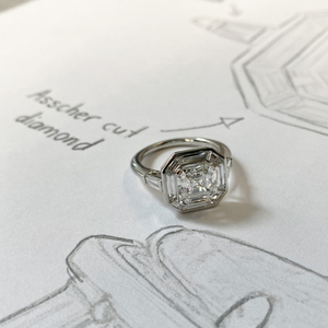 Bague à trois pierres baguette avec halo, diamant de laboratoire taille Asscher de 3,00 carats, certifié IGI - Product Image 5