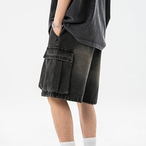 Pantalones Cortos Cargo para Hombre, Cintura Elástica, Estilo Bermuda de Mezclilla Lavada, Color Sólido Informal, Diseño con Bolsillos, Tela de Algodón Transpirable - Product Image 4