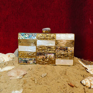 INDIAN Mother of Pearl Mosaic Brass <b>Grid</b> Clutch Handmade Evening Statement Bag with Geometric Panels Luxury Art Finish - Product Image 1