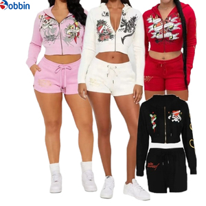 Conjuntos Deportivos Cortos de Verano Estilo Hip Hop para Mujer, 2 Piezas, Chaqueta con Cremallera y Pantalones Cortos, 100% Algodón, Transpirable, de Secado Rápido, Ecológico, Mangas Largas - Product Image 1