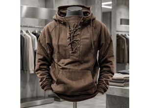 Lace-Up Men's Henley Hoodie, <b>Retro</b>-Style Pullover <b>Sweatshirt</b>, Long-Sleeved Pullover Hooded Sweater - Product Image 4