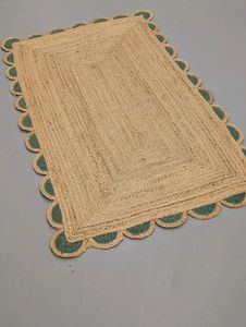 Natural Jute Woven <b>Rug</b> Rectangle <b>Scalloped</b> Edge Green Border Bohemian Medium Pile Eco Friendly Reversible Braided Area Carpet - Product Image 6