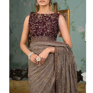 New <b>Design</b> Appliques Heavy Embroidery Hand Work Chiffon 100% Polyester Floor-Length Wrinkle Free Customizable Moisture Indian - Product Image 1