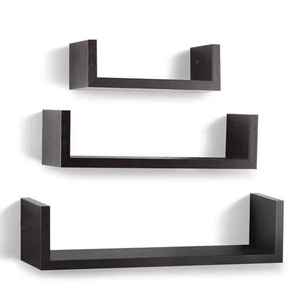 Industrial Wooden Floating Shelf Set <b>Wall</b> Mount Dark Brown Storage Ledge Matte Black Metal <b>Rail</b> Guard Display Rack 3 Pack - Product Image 2