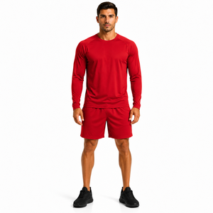 Custom Men Long Sleeve T Shirt and Shorts Set <b>Athletic</b> Raglan Top Elastic Waist Short Set Solid Color Gym Tracksuit Workout - Product Image 1