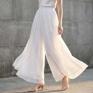 Pantalones anchos de gasa blanca para mujer, cintura alta, longitud completa, corte holgado, estilo bohemio, pantalones de verano con cintura elástica, color sólido - Product Image 2