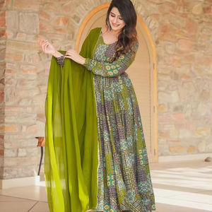 El último diseñador Pure Rayon Anarkali vestido Diseñador Trabajo Imprimir Fab Zone Ropa india y pakistaní - Product Image 1