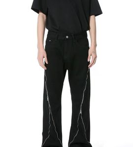 Jean en denim noir taille haute coupe droite avec fermetures éclair latérales, style décontracté ample, 100 % coton tissé, idéal pour l'automne - Product Image 3