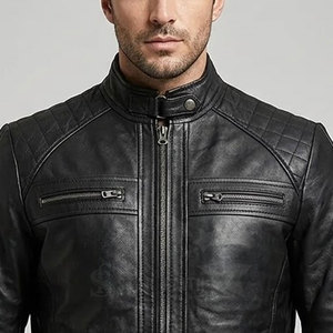 Blousons de moto en cuir de vachette véritable, double couture, protection renforcée, col montant, respirants, écologiques, pour l'hiver - Product Image 6