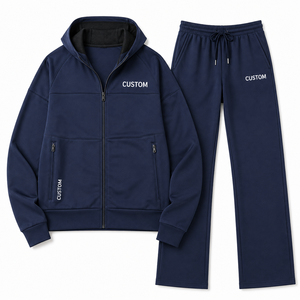 Ensemble de survêtement deux pièces bleu marine pour femme, veste zippée et pantalon droit, tenue d'entraînement mi-lourde, fournisseur de vêtements personnalisés avec logo OEM - Product Image 3