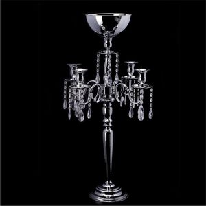 เชิงเทียนโลหะชุบโครเมียมหรูหราพร้อมจี้คริสตัลอะคริลิก 5 ดวง ขาตั้งเทียนสูงสำหรับตกแต่งโต๊ะงานแต่งงานและงานปาร์ตี้ - Product Image 1